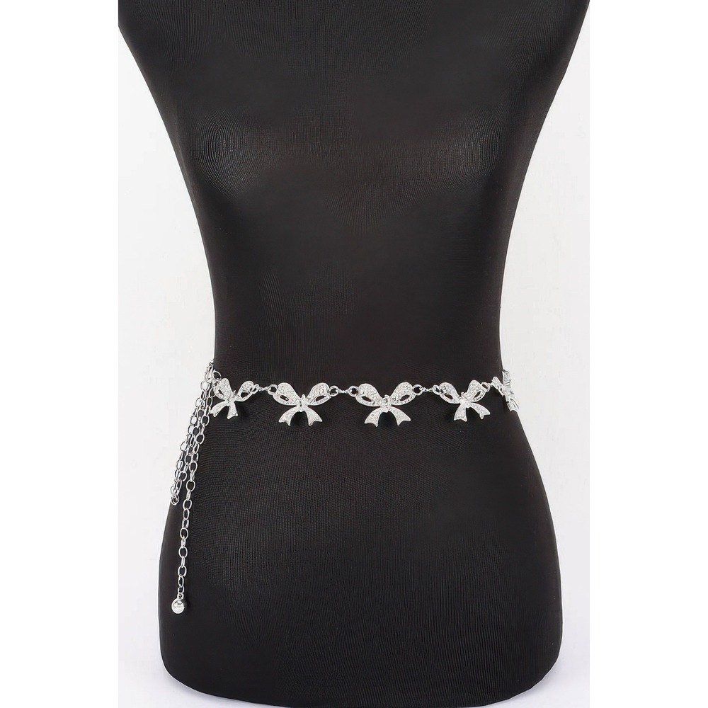 Bow Chain Belt Women OS Silver New Rhinestone Coquette Adjustable